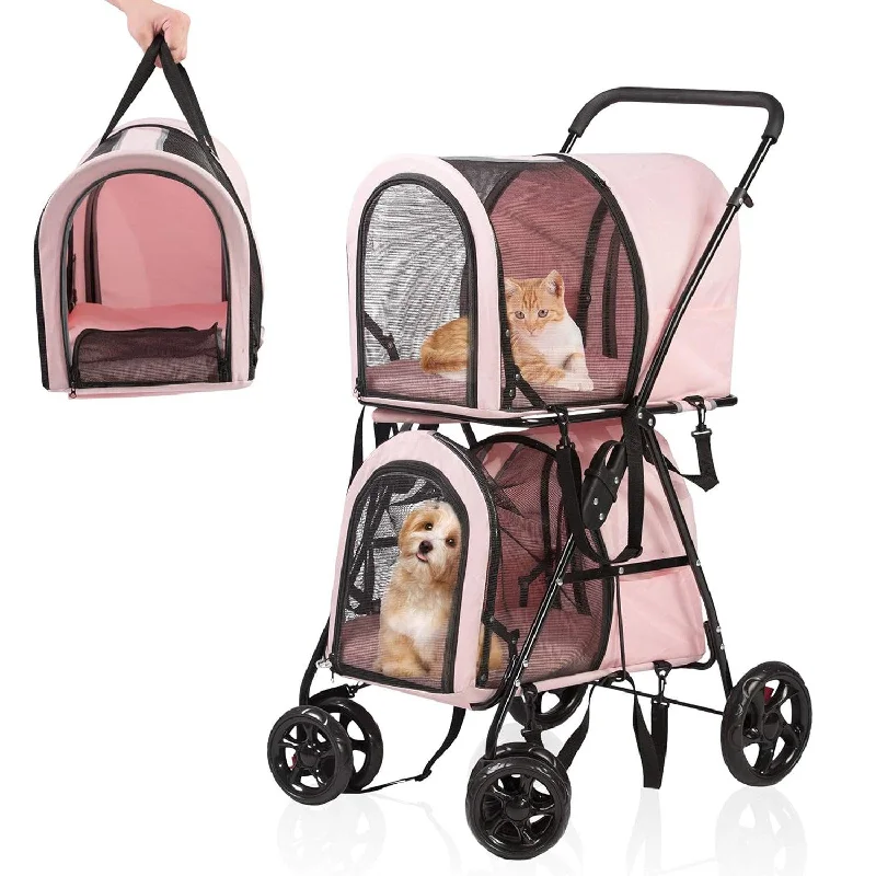 3-in-1 Double Seater Folding Dog Pet Stroller Kitten Puppy Carriages Detachable Carrier Bags, Pink